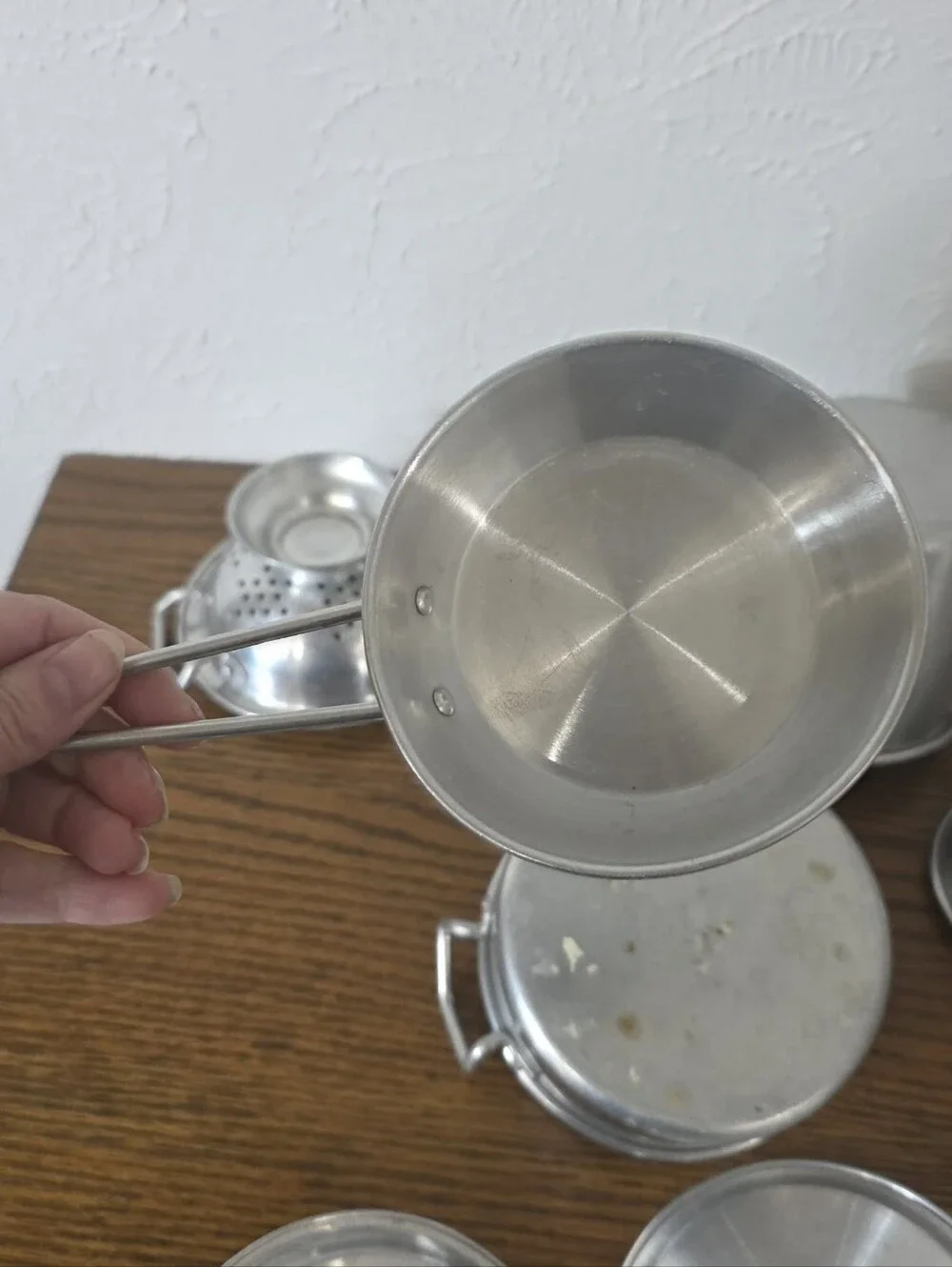 Vintage Miniature Metal Toy Cookware Set Aluminum Child Toy Pots Pans Colander